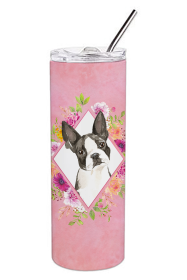 Dog Breed 20 oz Skinny Tumbler (Dog Breed: Boston Terrier Pink Flowers Double Walled Stainless Steel)