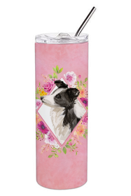 Dog Breed 20 oz Skinny Tumbler (Dog Breed: Border Collie Pink Flowers Double Walled Stainless Steel)