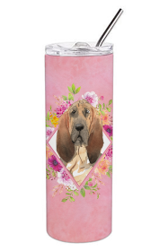 Dog Breed 20 oz Skinny Tumbler (Dog Breed: Bloodhound Pink Flowers Double Walled Stainless Steel)