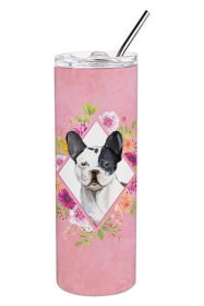 Dog Breed 20 oz Skinny Tumbler (Dog Breed: Black and White Frenchie Pink Flowers Double Walled Stainless Steel)