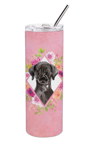 Dog Breed 20 oz Skinny Tumbler (Dog Breed: Black Labrador Pink Flowers Double Walled Stainless Steel)