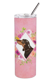 Dog Breed 20 oz Skinny Tumbler (Dog Breed: Black and Tan Dachshund Pink Flowers Double Walled Stainless Steel)