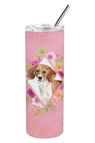 Dog Breed 20 oz Skinny Tumbler (Dog Breed: Beagle Pink Flowers Double Walled Stainless Steel 1)