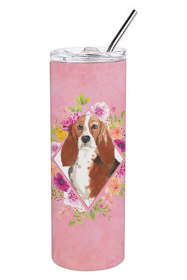 Dog Breed 20 oz Skinny Tumbler (Dog Breed: Basset Hound Pink Flowers Double Walled Stainless Steel 1)