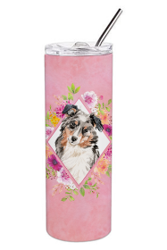 Dog Breed 20 oz Skinny Tumbler (Dog Breed: Australian Shepherd Pink Flowers Double Walled Stainless Steel)