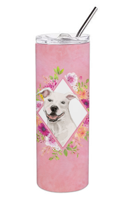 Dog Breed 20 oz Skinny Tumbler (Dog Breed: White Pit Bull Terrier Pink Flowers Double Walled Stainless Steel)