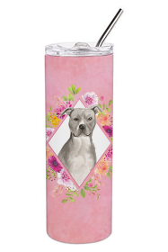 Dog Breed 20 oz Skinny Tumbler (Dog Breed: Blue Pit Bull Terrier Pink Flowers Double Walled Stainless Steel)