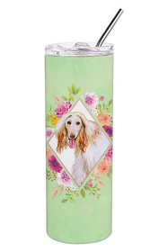 Dog Breed 20 oz Skinny Tumbler (Dog Breed: Afghan Hound Green Flowers Double Walled Stainless Steel)