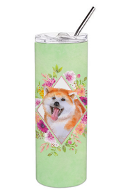 Dog Breed 20 oz Skinny Tumbler (Dog Breed: Akita Green Flowers Double Walled Stainless Steel)