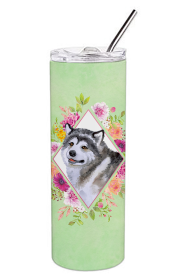 Dog Breed 20 oz Skinny Tumbler (Dog Breed: Alaskan Malamute Green Flowers Double Walled Stainless Steel)