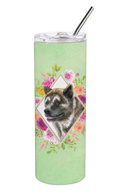 Dog Breed 20 oz Skinny Tumbler (Dog Breed: Akita Green Flowers Double Walled Stainless Steel 1)