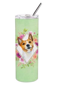 Dog Breed 20 oz Skinny Tumbler (Dog Breed: Basenji Green Flowers Double Walled Stainless Steel)