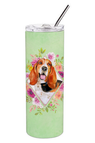 Dog Breed 20 oz Skinny Tumbler (Dog Breed: Basset Hound Green Flowers Double Walled Stainless Steel)