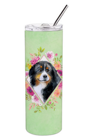 Dog Breed 20 oz Skinny Tumbler (Dog Breed: Bernese Mountain Dog Green Flowers Double Walled Stainless Steel)