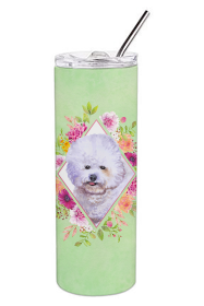Dog Breed 20 oz Skinny Tumbler (Dog Breed: Bichon FrisTH #2 Green Flowers Double Walled Stainless Steel)