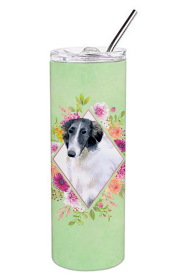 Dog Breed 20 oz Skinny Tumbler (Dog Breed: Borzoi Green Flowers Double Walled Stainless Steel)