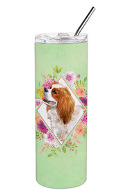 Dog Breed 20 oz Skinny Tumbler (Dog Breed: Cavalier King Charles Spaniel Green Flowers Double Walled Stainless Steel)