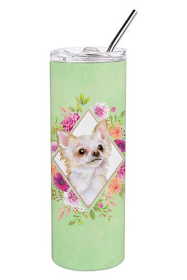 Dog Breed 20 oz Skinny Tumbler (Dog Breed: Long Hair Chihuahua Green Flowers Double Walled Stainless Steel)