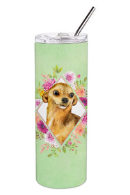 Dog Breed 20 oz Skinny Tumbler (Dog Breed: Chihuahua #1 Green Flowers Double Walled Stainless Steel)