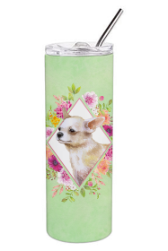 Dog Breed 20 oz Skinny Tumbler (Dog Breed: Chihuahua #2 Green Flowers Double Walled Stainless Steel)