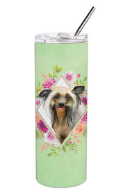 Dog Breed 20 oz Skinny Tumbler (Dog Breed: Chinese Crested Green Flowers Double Walled Stainless Steel)