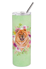 Dog Breed 20 oz Skinny Tumbler (Dog Breed: Chow Chow #1 Green Flowers Double Walled Stainless Steel)