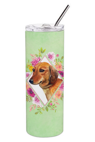 Dog Breed 20 oz Skinny Tumbler (Dog Breed: Dachshund Red #1 Green Flowers Double Walled Stainless Steel)