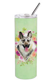 Dog Breed 20 oz Skinny Tumbler (Dog Breed: Eastern German Shepherd Green Flowers Double Walled Stainless Steel)