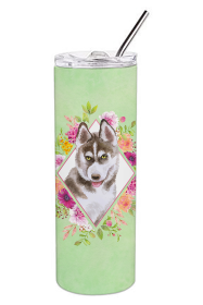 213-CK4110TBL20 Dog Breed 20 oz Skinny Tumbler (Dog Breed: Siberian Husky #2 Green Flowers)