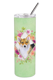 213-CK4110TBL20 Dog Breed 20 oz Skinny Tumbler (Dog Breed: Corgi Green Flowers)