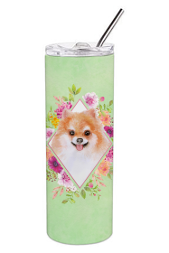 213-CK4110TBL20 Dog Breed 20 oz Skinny Tumbler (Dog Breed: Pomeranian #1 Green Flowers)