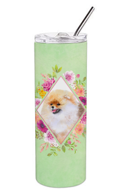 213-CK4110TBL20 Dog Breed 20 oz Skinny Tumbler (Dog Breed: Pomeranian #2 Green Flowers)