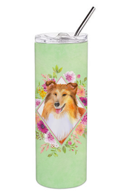 213-CK4110TBL20 Dog Breed 20 oz Skinny Tumbler (Dog Breed: Sheltie Shetland Sheepdog Green Flowers)