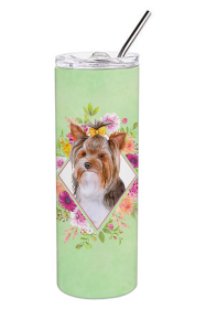 213-CK4110TBL20 Dog Breed 20 oz Skinny Tumbler (Dog Breed: Yorkshire Terrier #1 Green Flowers)