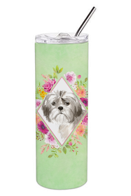 213-CK4110TBL20 Dog Breed 20 oz Skinny Tumbler (Dog Breed: Shih Tzu Puppy Green Flowers)