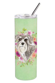 213-CK4110TBL20 Dog Breed 20 oz Skinny Tumbler (Dog Breed: Schnauzer #1 Green Flowers)