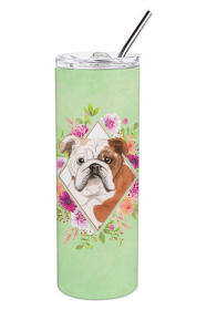 213-CK4110TBL20 Dog Breed 20 oz Skinny Tumbler (Dog Breed: English Bulldog Green Flowers 1)