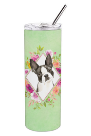 213-CK4110TBL20 Dog Breed 20 oz Skinny Tumbler (Dog Breed: Boston Terrier Green Flowers)