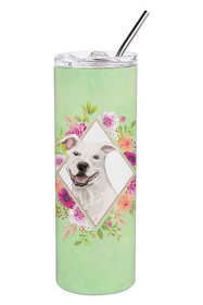 213-CK4110TBL20 Dog Breed 20 oz Skinny Tumbler (Dog Breed: White Pit Bull Terrier Green Flowers)
