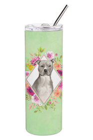 213-CK4110TBL20 Dog Breed 20 oz Skinny Tumbler (Dog Breed: Blue Pit Bull Terrier Green Flowers)