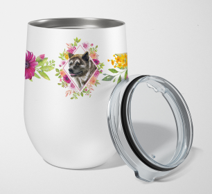 Dog Breed 12 oz Stemless Wine Glass (Dog Breed: Akita Pink Flowers Stainless Steel 1)