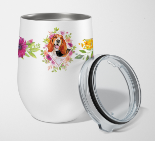 Dog Breed 12 oz Stemless Wine Glass (Dog Breed: Basset Hound Pink Flowers Stainless Steel)