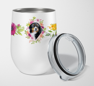 Dog Breed 12 oz Stemless Wine Glass (Dog Breed: Bernese Mountain Dog Pink Flowers Stainless Steel)