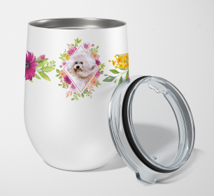 Dog Breed 12 oz Stemless Wine Glass (Dog Breed: Bichon Frise #1 Pink Flowers Stainless Steel)