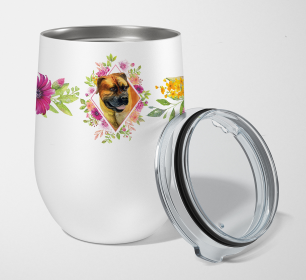 Dog Breed 12 oz Stemless Wine Glass (Dog Breed: Borboel Mastiff Pink Flowers Stainless Steel)