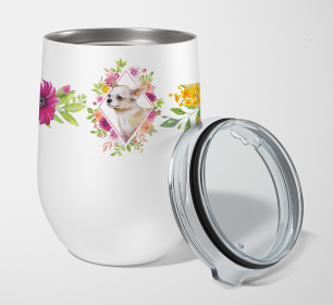 Dog Breed 12 oz Stemless Wine Glass (Dog Breed: Chihuahua #2 Pink Flowers Stainless Steel)