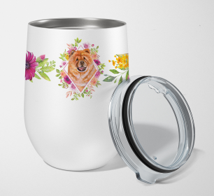 Dog Breed 12 oz Stemless Wine Glass (Dog Breed: Chow Chow #1 Pink Flowers Stainless Steel)