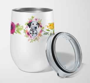 Dog Breed 12 oz Stemless Wine Glass (Dog Breed: Dalmatian Puppy Pink Flowers Stainless Steel)