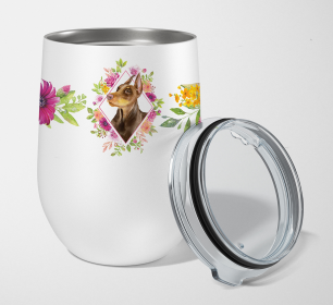 Dog Breed 12 oz Stemless Wine Glass (Dog Breed: Doberman Pinscher Pink Flowers Stainless Steel)