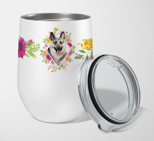 Dog Breed 12 oz Stemless Wine Glass (Dog Breed: Eastern German Shepherd Pink Flowers Stainless Steel)